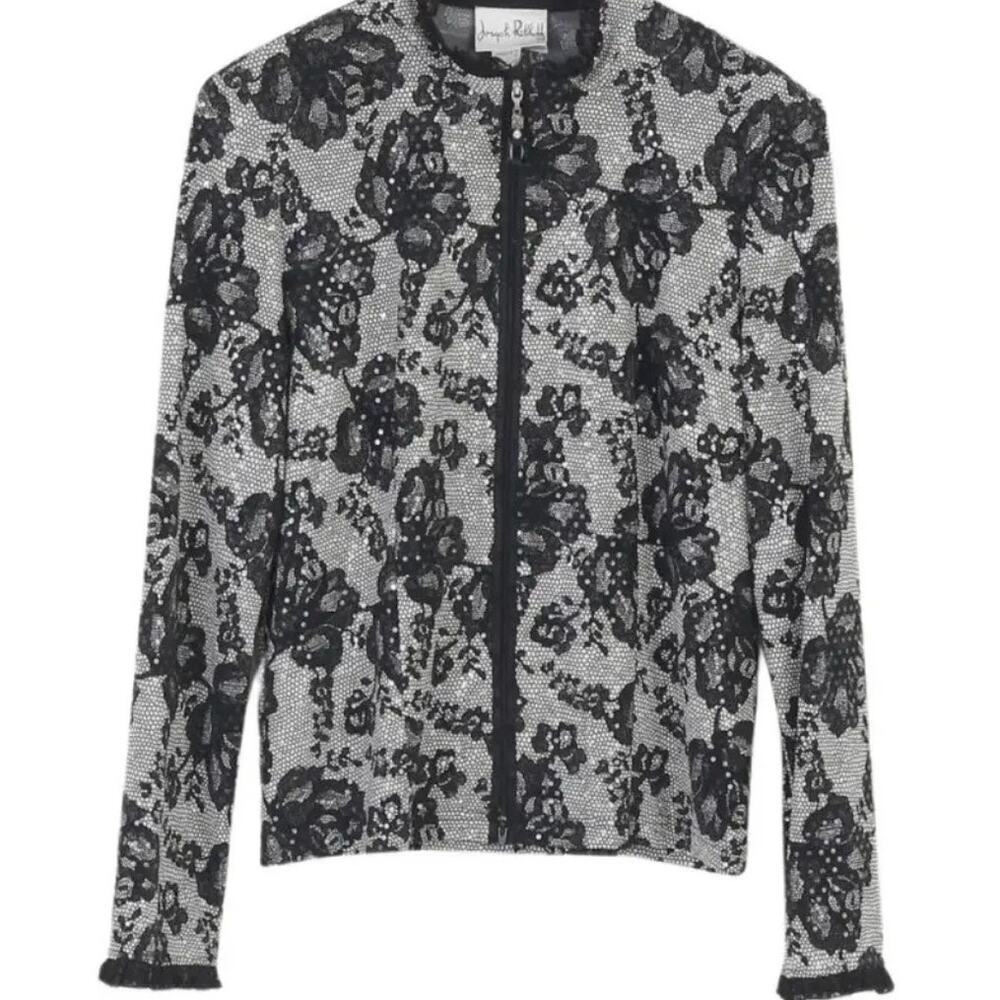 Joseph Ribkoff Black Floral Lace Sequin Zip Jacket Women's Size 14